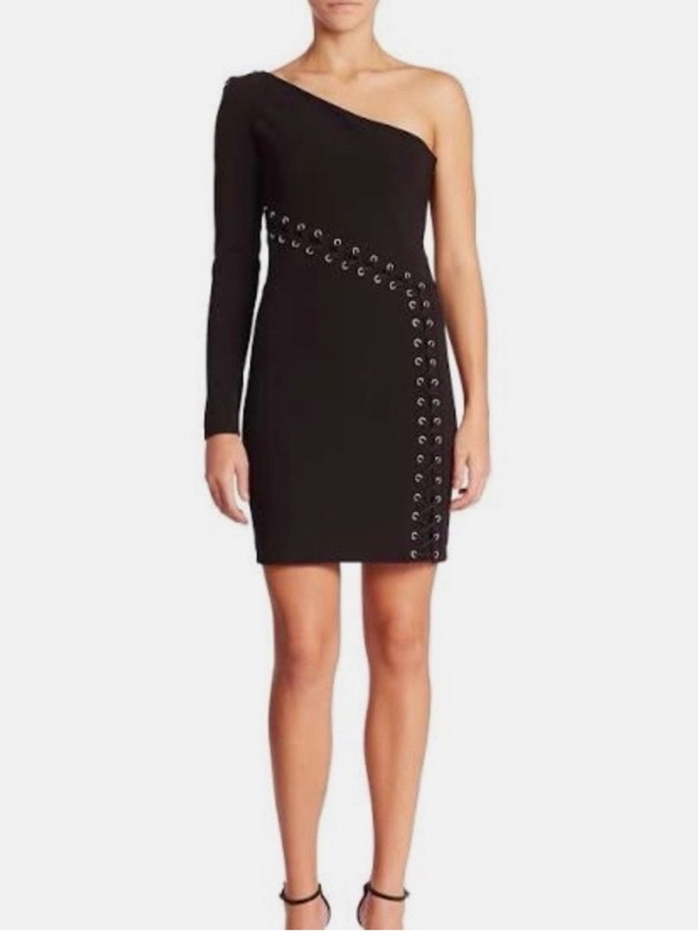 Parker Black One-Shoulder Eyelet-Trim Mini Dress